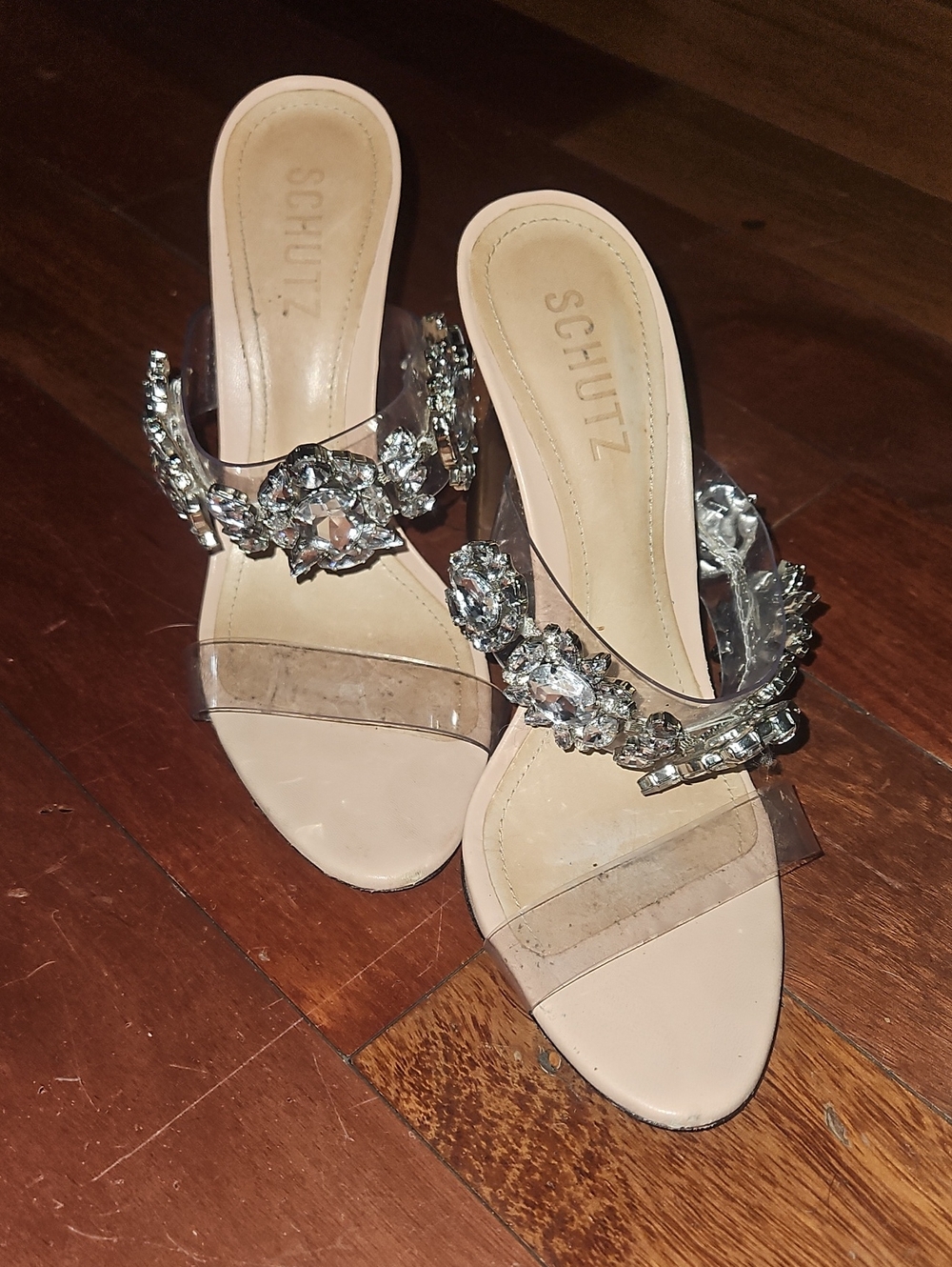 SCHUTZ Nude Jeweled Clear Strap Slide Sandals